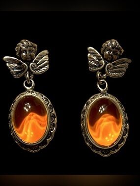 925 VD Cognac Amber Cherub Sterling Silver Post Earrings. Pre owned